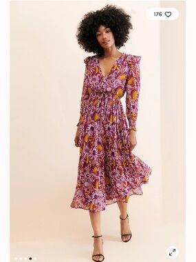 Banjanan Dress Pearl Midi Long Sleeve in Purple Gold Floral